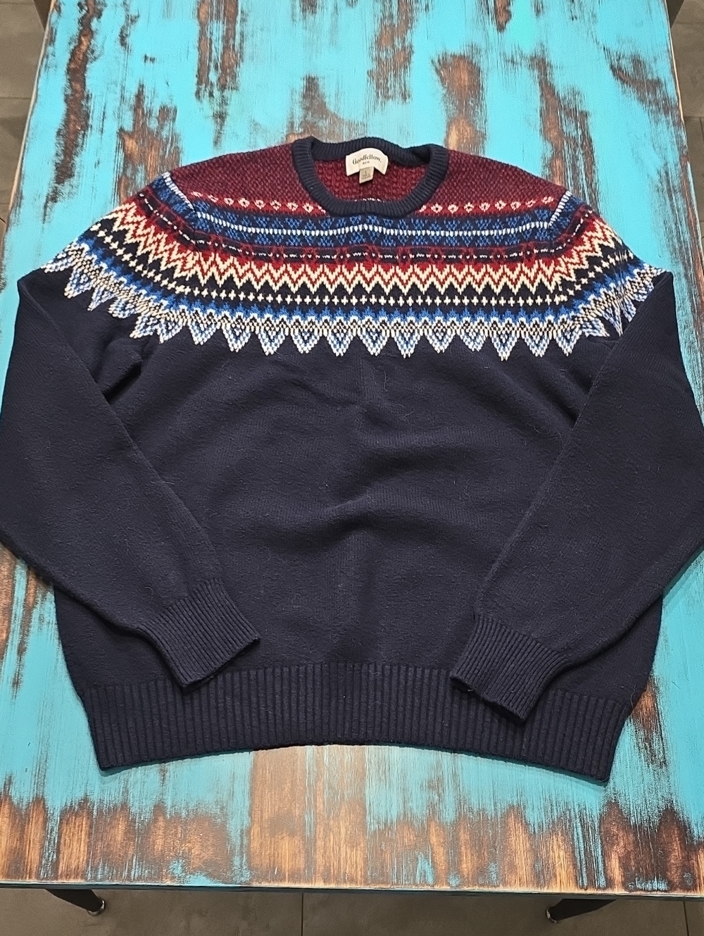 Goodfellow & Co Navy Crewneck Sweater with Red & Blue Fair Isle Yoke